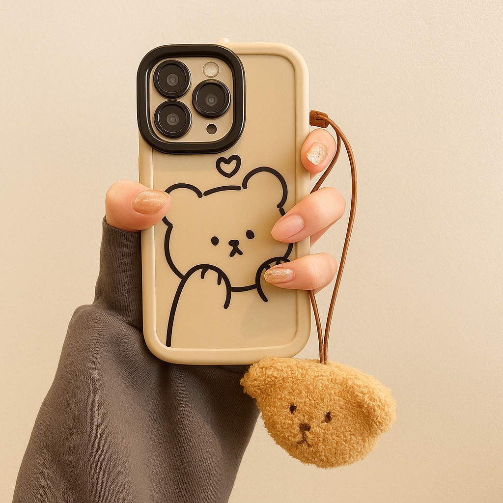 Cute Bear Phone Case with Plush Keychain