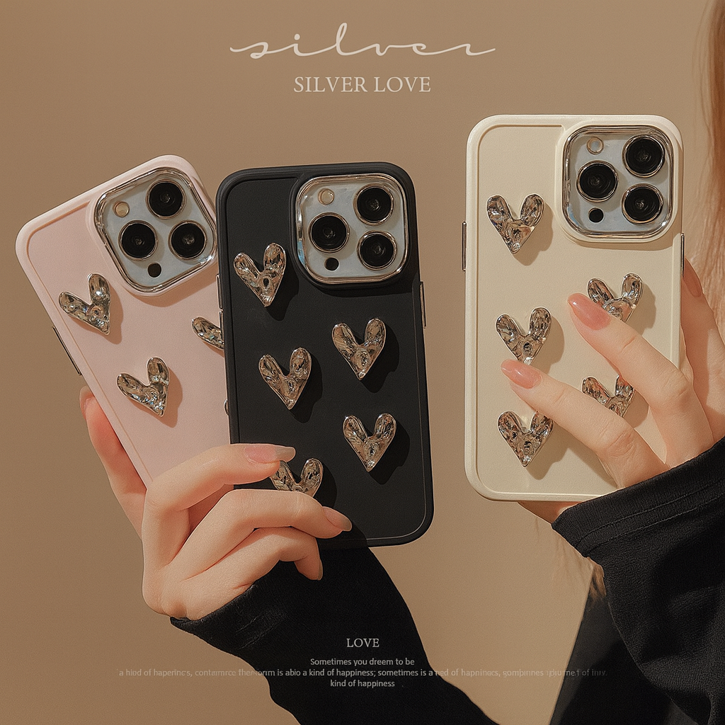 Silver 3D Love Heart Phone Case