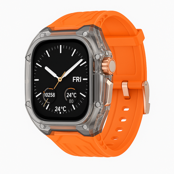 Black Transparent Rugged Apple Watch Case with Bold Orange Strap