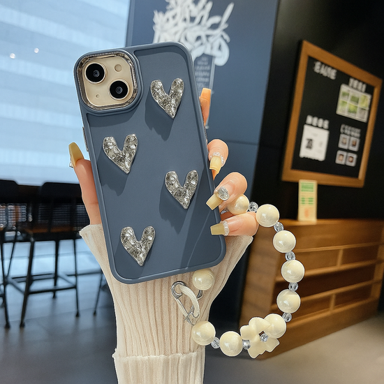 Luxury Steel Blue Heart Sparkle Phone Case with Pearl Chain