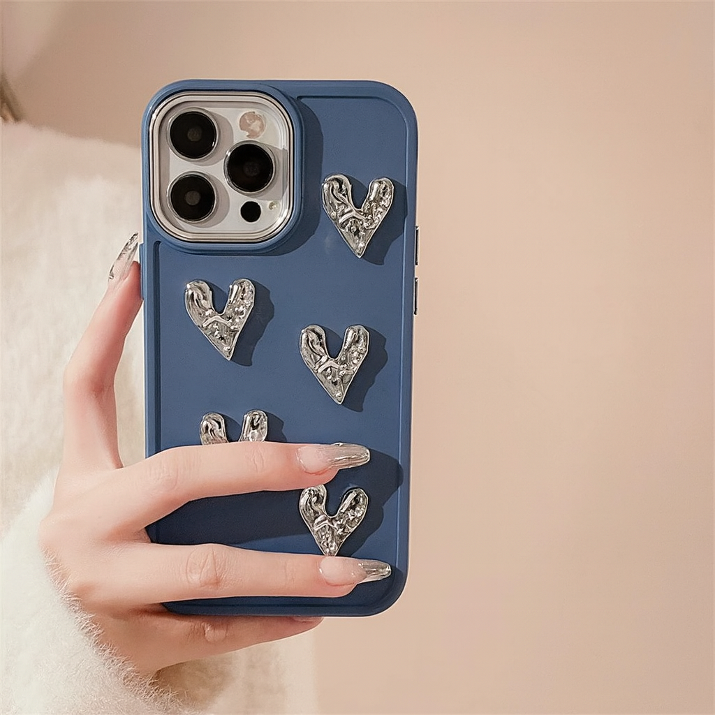 Luxury Steel Blue Heart Sparkle Phone Case with Pearl Chain