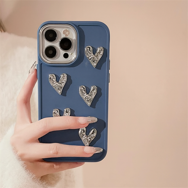 Luxury Steel Blue Heart Sparkle Phone Case with Pearl Chain