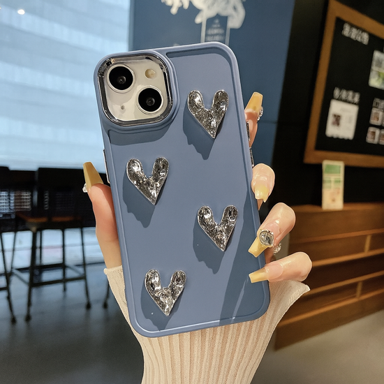 Luxury Steel Blue Heart Sparkle Phone Case with Pearl Chain