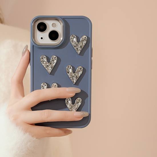 Luxury Steel Blue Heart Sparkle Phone Case with Pearl Chain