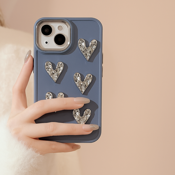 Luxury Steel Blue Heart Sparkle Phone Case with Pearl Chain