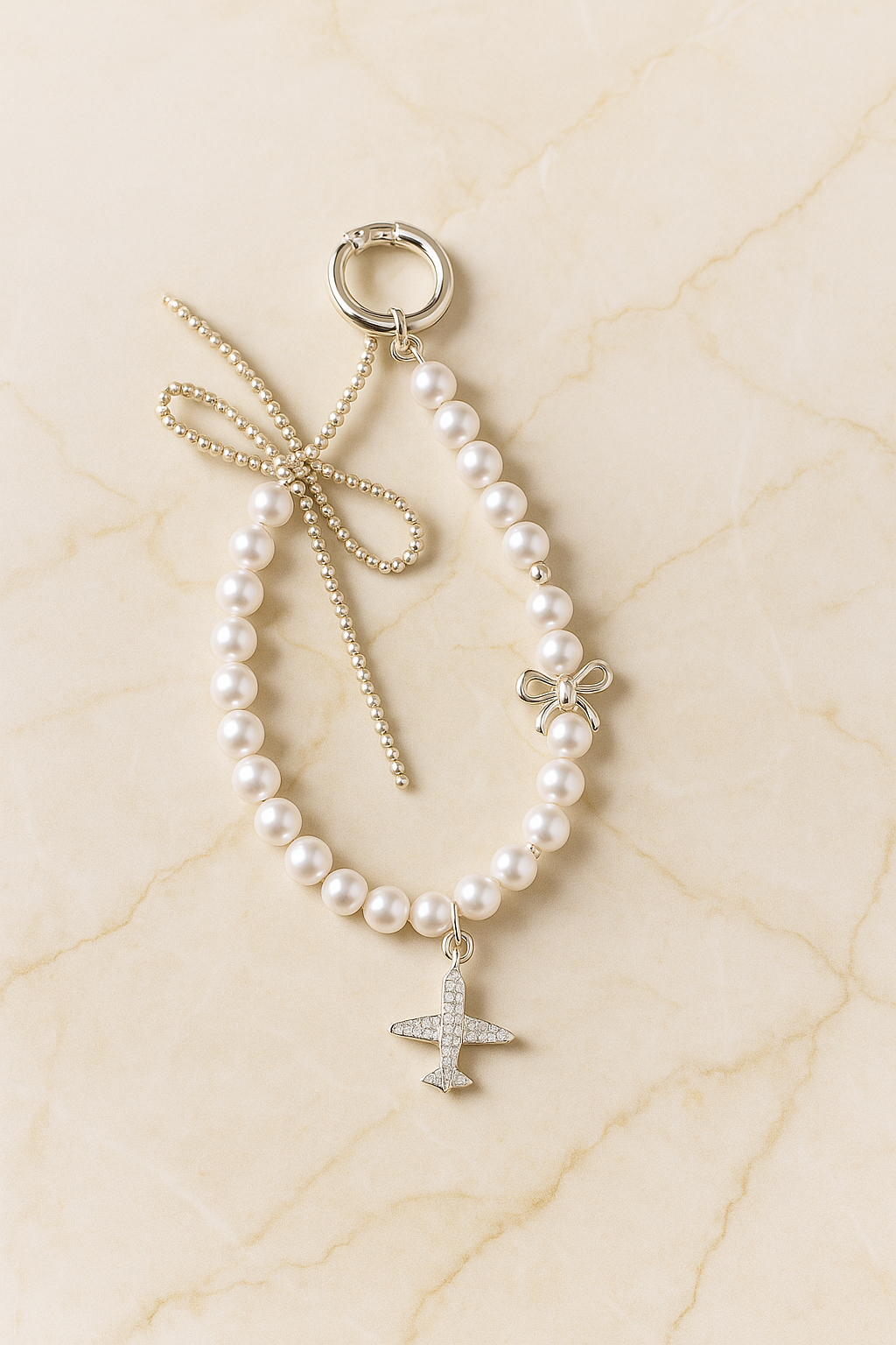 Pearl Phone Charm with Airplane & Bow Design