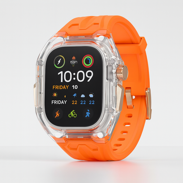 Transparent Rugged Apple Watch Case with Orange Sports Strap