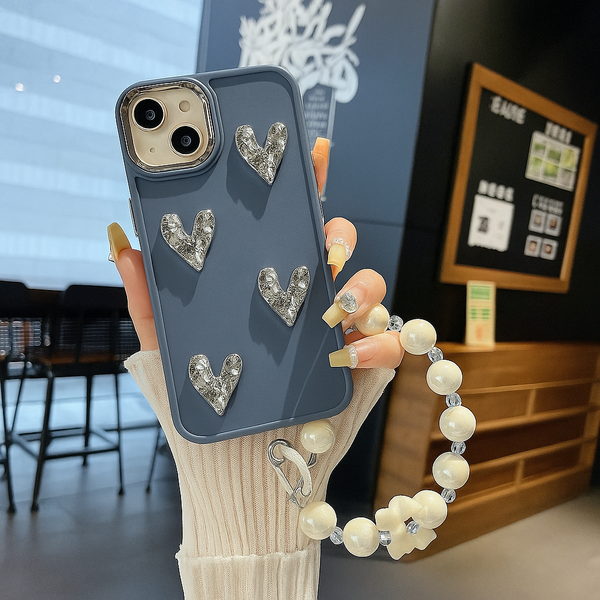 Luxury Steel Blue Heart Sparkle Phone Case with Pearl Chain