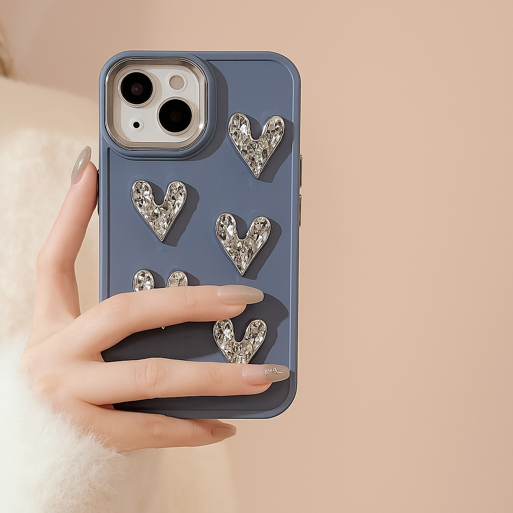 Luxury Steel Blue Heart Sparkle Phone Case with Pearl Chain