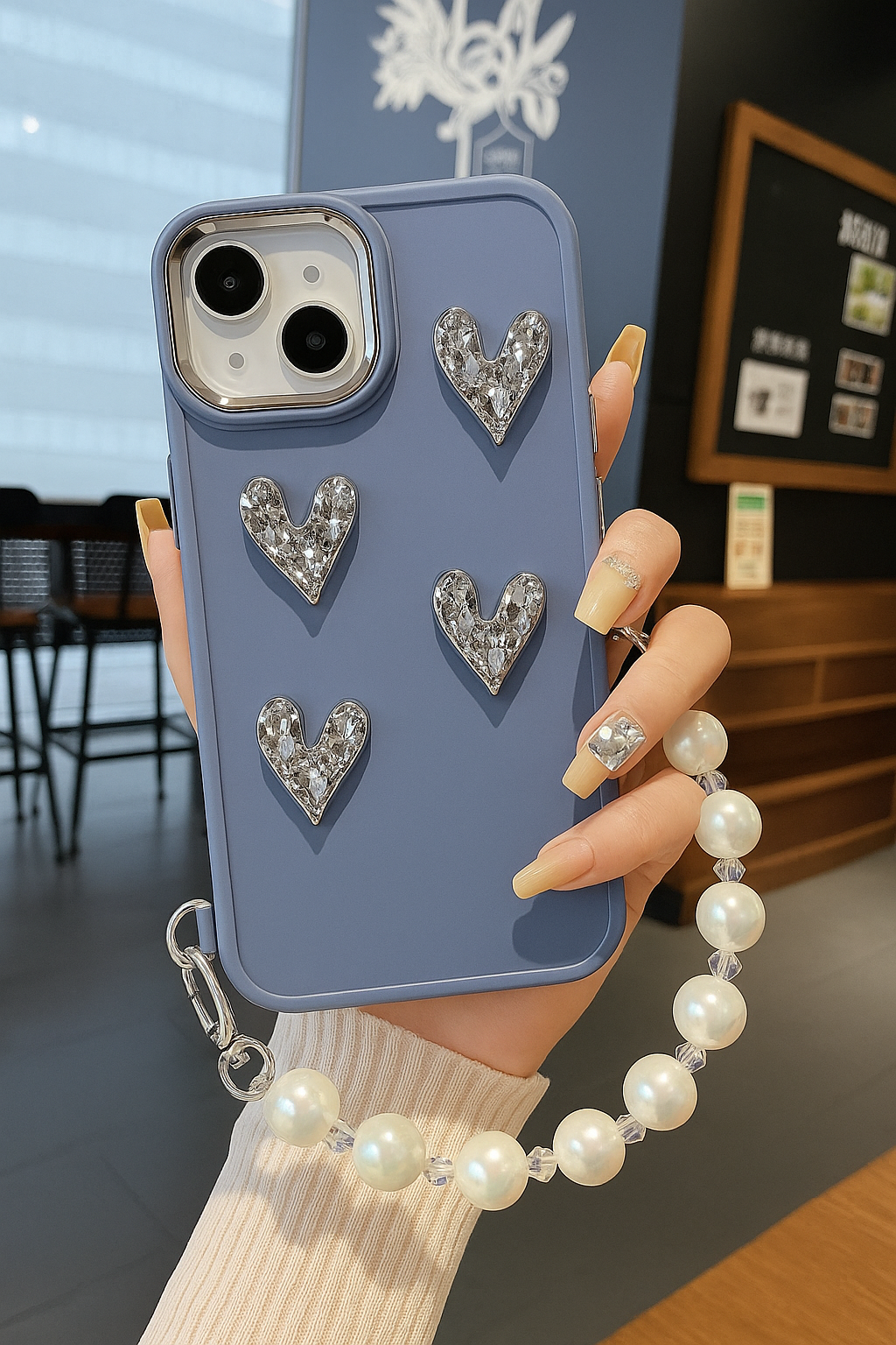 Luxury Steel Blue Heart Sparkle Phone Case with Pearl Chain