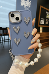 Luxury Steel Blue Heart Sparkle Phone Case with Pearl Chain