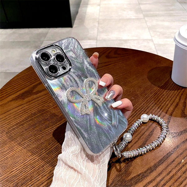 Holographic Bow Glitter Case With Charm